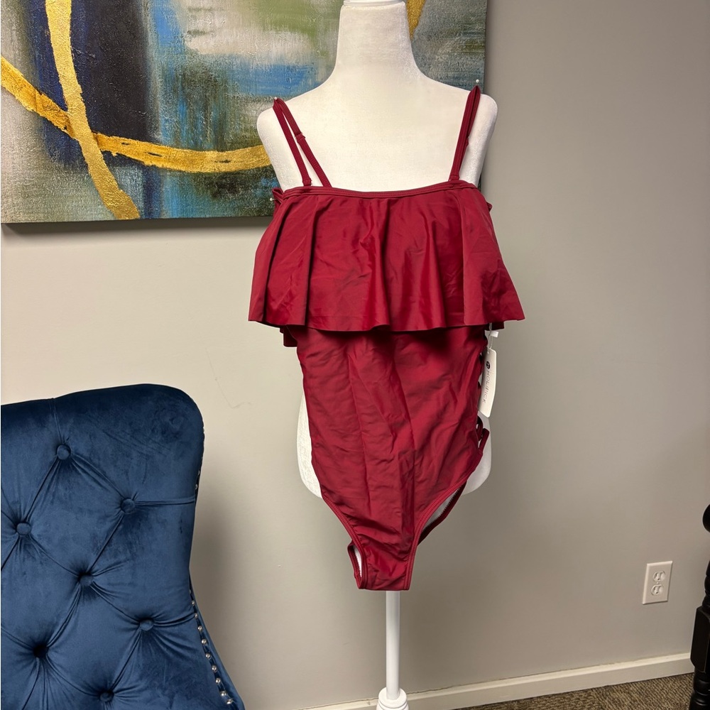 Elegant Red Ruffled One-Piece Swimsuit NWT